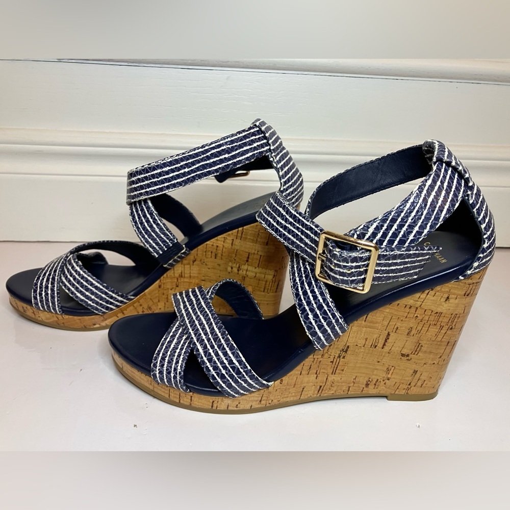 Cole Haan Grand OS Women’s 8.5 Blue White Jillian Cork Wedge Sandal Platform - Picture 2 of 10